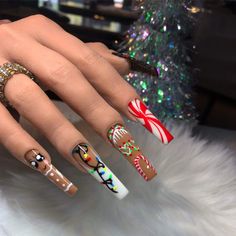 Christmas Nails With Charms, Nails With Charms, Cute Almond Nails, Colored Acrylic, Colored Acrylic Nails, Insta Ideas, Christmas Inspo, Xmas Nails, Christmas Nail