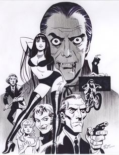 a black and white drawing of an evil man with two women in front of him