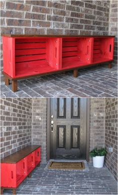 two pictures of the same red wooden shelf on brick wall, and another photo of front door with potted plant