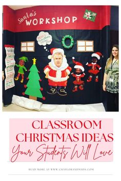 a classroom christmas display with santa clause on the wall and other holiday decorations around it