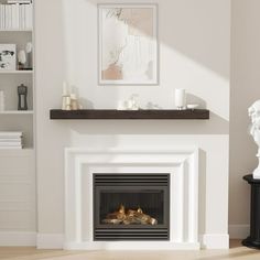 a living room with a fire place and bookshelves on the wall above it