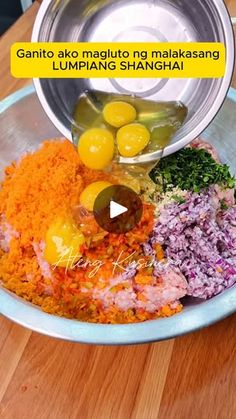 a bowl filled with food on top of a wooden table