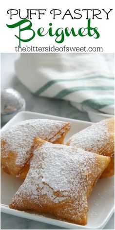 powdered sugar puff pastry on a white plate with text overlay that reads, puff pastry beginners