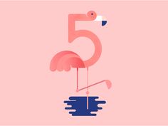 a pink flamingo standing on top of a body of water with the number five in it's beak