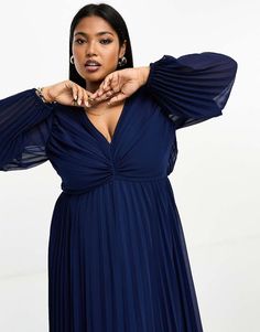 Kjoler fra ASOS DESIGN Curve Velklædt i dén grad V-hals Store ærmer Normal pasform Plunge Neck Midi Dress, Vacation Checklist, Volume Sleeves, Asos Curve, Pleated Bodice, Summer Inspiration, Swim Shop, Navy Fashion, Best Dressed