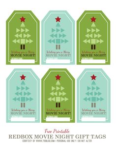 six movie night gift tags with red stars on the top and green bottom, all in different sizes