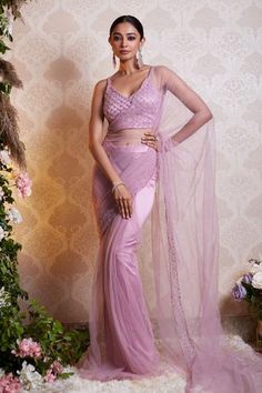 Shop for Soha by Harleen and Sona Purple Net Keira Pre-draped Saree With Blouse for Women Online at Aza Fashions Net Saree Designs, Satin Embroidery, Draped Saree, Purple Saree, Drape Saree, Net Saree, Saree Trends, Beaded Neckline, Blouse For Women