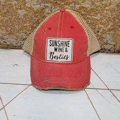 Vintage distressed trucker cap “Sunshine Wine and Besties” Color: Light red distressed Material: cotton/polyester blend, mesh back Size: one size fits most, with an adjustable Snapback strap. Unisex cap. Adjustable Distressed Trucker Baseball Cap, Adjustable Distressed Trucker Hat Baseball Cap, Distressed Adjustable Snapback Trucker Hat, Distressed Summer Trucker Hat, Summer Distressed Snapback Trucker Hat, Distressed Trucker Hat For Summer, Distressed Adjustable Trucker Hat, Adjustable Distressed Trucker Hat, Distressed Trucker Hat With Curved Brim For Summer