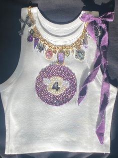 Pool Ball Tank Top With Bow and Chunky Charm Necklace Beaded Tank Top, Gold and Silver Jewelry, Necklace With Charms Purple Pool Ball Bow - Etsy Jewelry Design Aesthetic, Tank Top Design Ideas, Bead Top Diy, Beaded Shirt Design, Diy Beaded Shirt, Bead Embroidered Shirt, Beaded Tank Top, Upcycled Tank Top, Beaded T Shirt