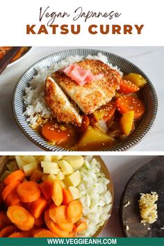 two plates with different types of food and the words vegan japanese katsu curry