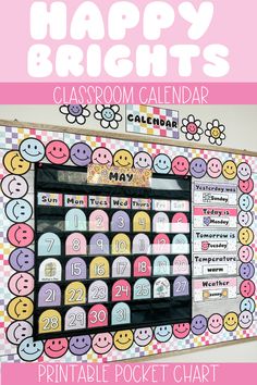 a classroom calendar with smiley faces on it and the text happy birthday classroom calendar printable pocket chart