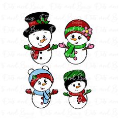 three snowmen wearing hats and scarfs