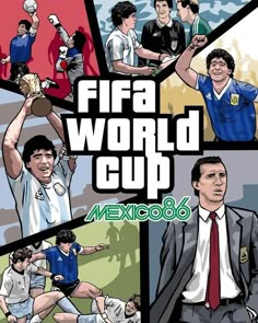 the poster for the soccer world cup is shown in four different colors and styles, including men's uniforms