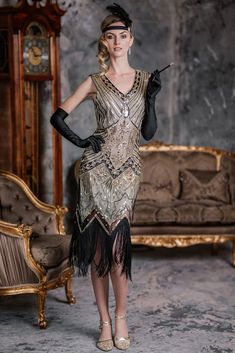 [US Warehouse] Champagne 1920s Sequined Flapper Dress – Retro Stage - Chic Vintage Dresses and Accessories