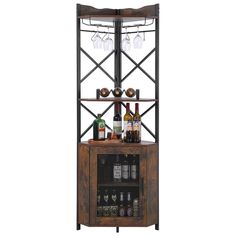 a wooden shelf with bottles and glasses on it