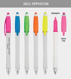 four different colored pens are lined up next to each other, with the same pen on top