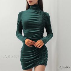 Lasaky - Stylish Long Sleeve Ribbed Turtleneck Dress with Drawstring and Bodycon Fit Green Dresses Wedding, Backless Green Dress, Tight Long Sleeve Dress, Velvet Bodycon Dress, Spring Dresses Women, Short Bodycon Dress, Pencil Skirt Dress, Womens Fall Dress, Drawstring Dresses