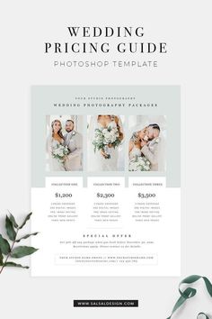 the wedding pricing guide for photoshop template is displayed on top of a table with greenery