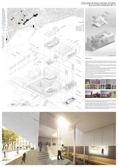 an architectural drawing shows the interior and exterior of a building, with people walking around