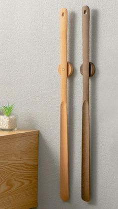 two wooden objects are hanging on the wall next to a plant and potted plant