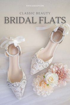 the bridal flats are decorated with pearls and flowers on top of white tulle