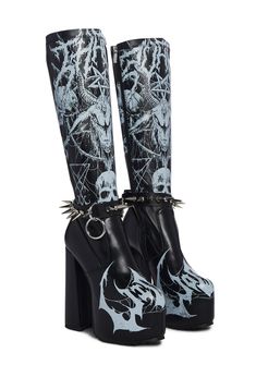 cuz you will feel my wrath. These boots have a vegan leather construction, Baphomet, skull, and spider graphics on the front and heels, O-ring hardware, spiked buckle detailing, platform soles, block heels, and side zipper closures. Goth Platform Heels, Widow Clothing, Baphomet Skull, Gothic Heels, Emo Shoes, Goth Platform Boots, Weird Shoes, Crazy Heels, Graphic Clothing