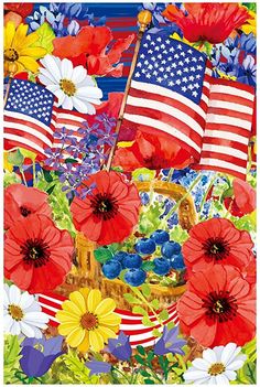 an american flag and flowers with the colors of red, white, and blue in it