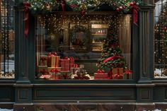 a store window with christmas decorations and presents