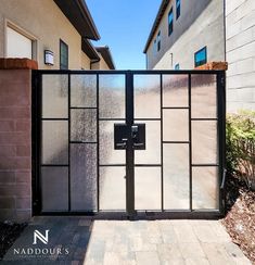 Custom black iron and textured glass pedestrian gate. Glass Gate, Pedestrian Gate, Custom Gates, Door Gate, Iron Gates, Iron Gate, Front Entry, Glass Texture, Black Iron