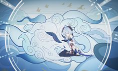 an anime character sitting on top of a wave with birds flying around her in the background