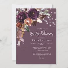 Plum, Purple, Gold Floral String Light Baby Shower Invitation
This gorgeous baby shower invitation is perfect for your special event! This design features beautiful, rich plum, purple, pink, and gold flowers on a plum background with magical string lights. The custom typography is trendy and elegant! Purple And Pink Baby Shower, Pink Baby Shower Ideas, Plum Background, Custom Typography, Pink Baby Shower, Plum Purple, Gold Floral, Gold Flowers, Baby Shower Invitation