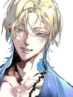 an anime character with blonde hair and blue eyes wearing a shirt, tie and flower in his left hand