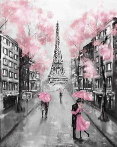 a painting of two people holding umbrellas in front of the eiffel tower