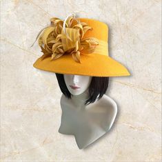 Beautiful ladies off hat. Lampshade style. 100 % wool with Decorative flower bow made of matching fabric. OSFA  This hats can be adjusted. Ask me about it Wool Hats For Kentucky Derby, Wool Felt Hat For Kentucky Derby, Yellow Curved Brim Hat For Church, Fitted Yellow Hat For Fall, Adjustable Wool Party Hats, Yellow Hat With Curved Brim For Church, Yellow Wide Brim Fascinator, Elegant Yellow Fedora Hat, Yellow Short Brim Hat For Races