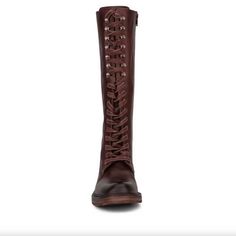 Upper: 100% Leather Outsole: 80% Leather, 20% Thermoplastic Rubber Lining:70% Canvas, 30% Leather Heel Height: 1.5 Shaft Height: 15 Shaft Circumference: 15" Burgundy Leather Boots With Flat Heel, Vintage Lace-up Boots With Reinforced Heel And Round Toe, Vintage Brown Lace-up Leather Boots, Vintage Lace-up Oiled Leather Boots, Vintage Brown Leather Lace-up Boots, Vintage Leather Lace-up Boots With Reinforced Heel, Burgundy Leather Lace-up Boots, Two Tone Boots, Burgundy Leather Knee-high Boots