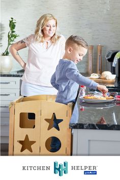 The Classic Natural Kitchen Helper Stool for Toddlers allows children 2 and up to join in on family fun in the kitchen at counter height. The stool, shown here in a natural wooden tone with basic shape cutouts, is available in many colors and styles that seamlessly integrate into modern kitchens. This stool for kids features an adjustable platform, a non-slip mat, non-tip feet, netted Keepers on both open sides and can be folded flat when not in use. Kitchen Helper Stool, Helper Stool, Toddler Tower, Family Togetherness, Step Stools, Marker Board, Learning Tower, Step Stool Kids, Adjustable Stool