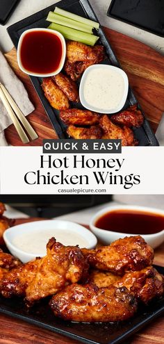 chicken wings with dipping sauces on the side and an image of hot honey chicken wings