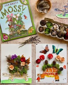 three cards with flowers, plants and insects on them next to a book about moss