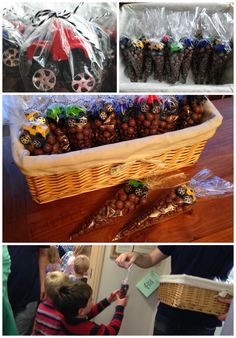 there are many pictures of different things in the basket and on the table, including chocolates