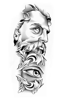 a man's face with an ornate beard and eye tattoo design on his arm