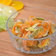 sweet candied orange and lemon peel in a glass bowl