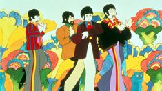 the beatles are standing in front of an image of colorful flowers and trees, with one man pointing at something