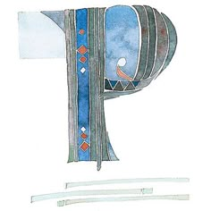 a drawing of a letter p with blue and red designs on it's side