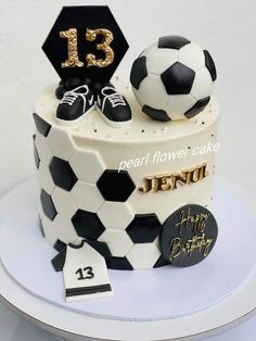 a birthday cake decorated with soccer balls and numbers