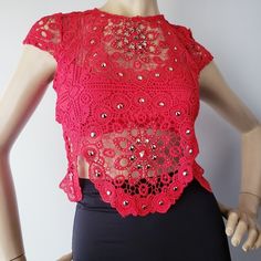 New Without Tags. Very Chic Statement Top. Lipstick Red Scalloped Lace .Studded At The Front With Round And Square Studs. Full Back Metal Zipper. Built In Compartment (Lining) At The Bust, Otherwise All Peek-A-Boo Style. Non Stretch. 100% Polyester Glamorous Red Top For Party, Elegant Red Party Tops, Glamorous Red Tops For Party Season, Glamorous Red Top For Party Season, Red Stretch Tops For Festivals, Red Tops For Evening Parties, Red Tops For Evening Party Season, Red Evening Tops For Party Season, Red Tops For Evening And Party Season