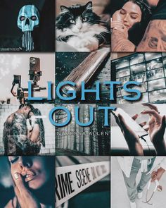 a collage of photos with the words lights out written in blue on top of them