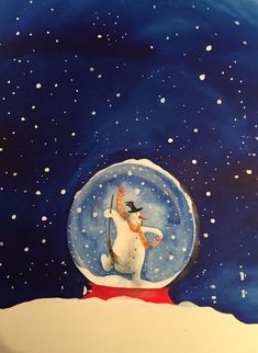 a painting of a snow globe with a cat inside it and stars in the sky