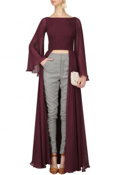 Deepankshi and Reena Oxblood Crop Top and Grey Tweed Trousers Set #happyshopping #shopnow #ppus Stile Hijab, Tweed Trousers, Mode Kimono, Long Kurti Designs, Sleeves Designs For Dresses, Grey Tweed, Mode Casual