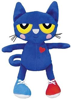 a blue stuffed animal with yellow eyes and a heart on it's chest,