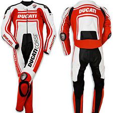 a red and white motorcycle suit with the words ducati on it